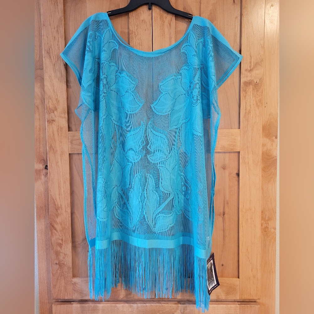 Kendall & James Teal Swim Coverup with Flowing Floral Silhouette Wide Sleeves